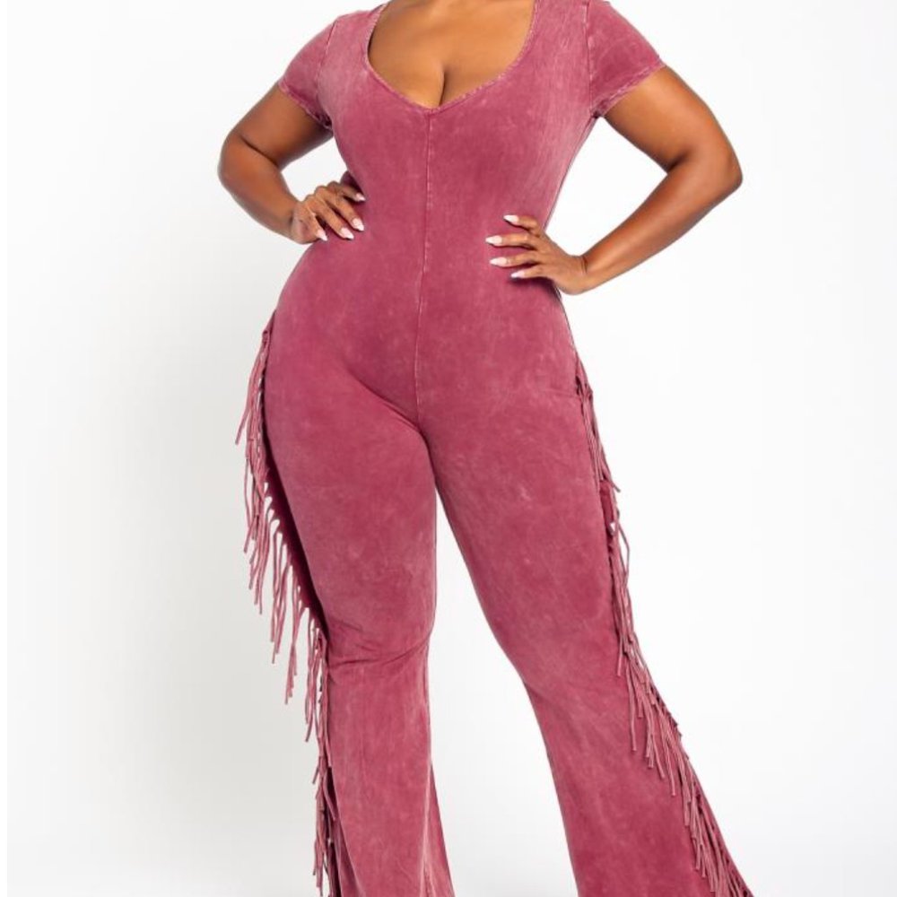 Fringe Acid Wash Burgundy Jumpsuit